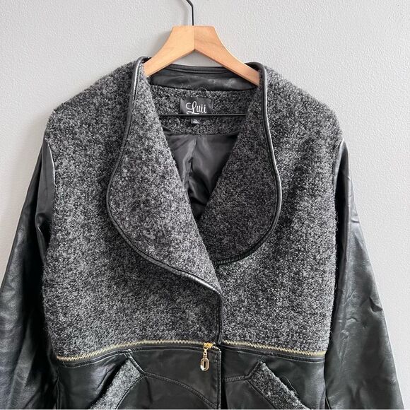 Luii Faux Leather Jacket Zipper Convertible Coat Black and Grey Boucle Size XL - Picture 15 of 16